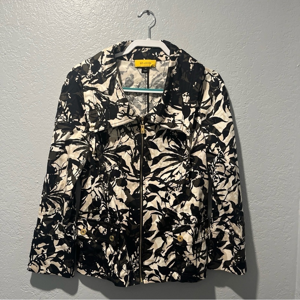 St. John Black and White Floral Bomber Jacket
